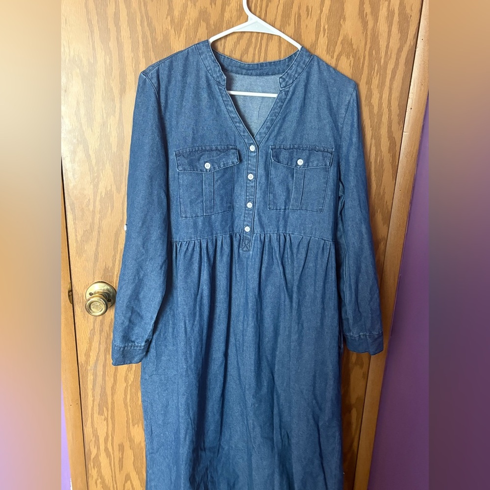 Dark Wash Roll Up Sleeve Denim Dress